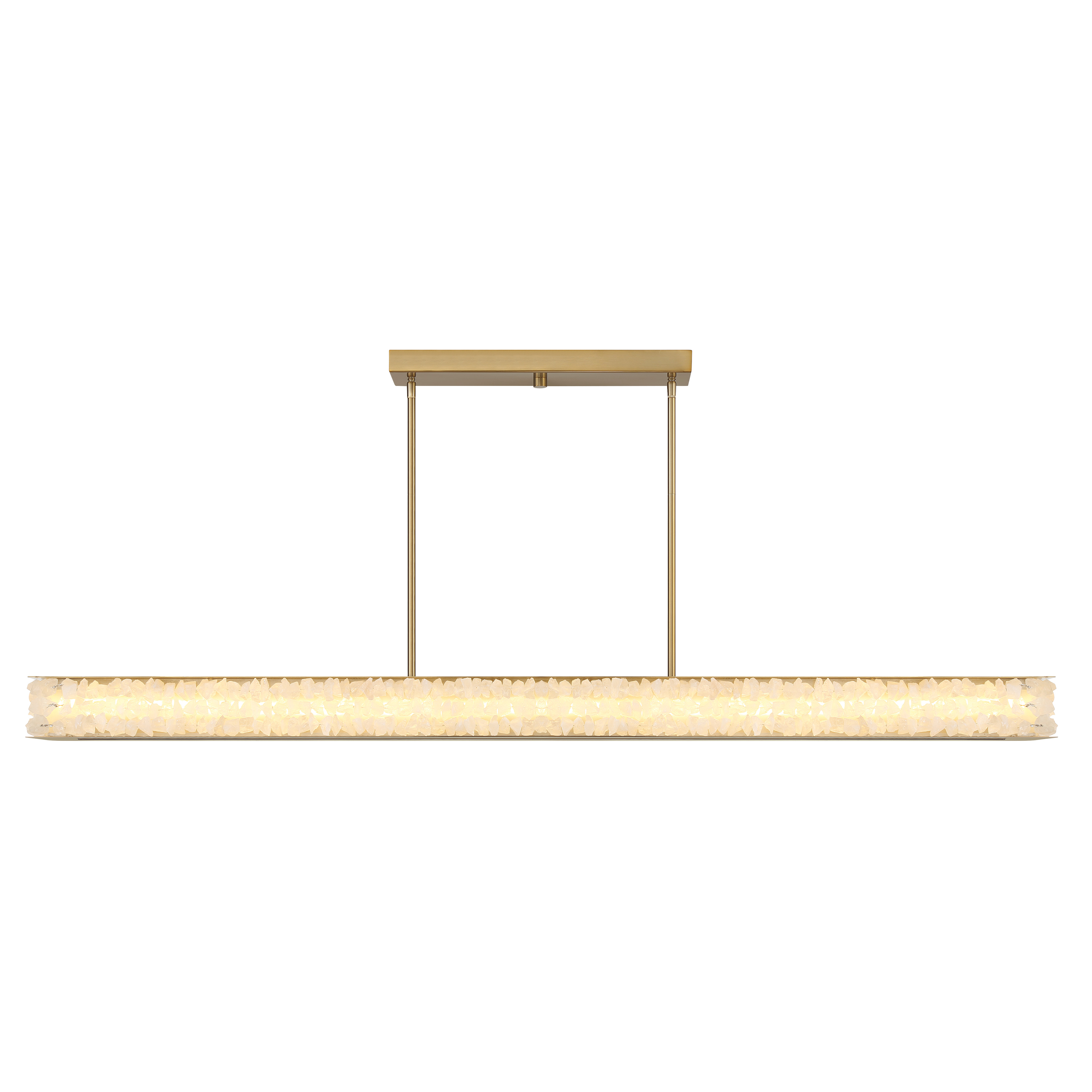 The Divinely LED Island Light commands attention with its impressive 60-inch span and luxurious combination of Celeste Brass finish and quartz crystalline accents. High-output integrated LED delivers exceptional illumination. - alternate view