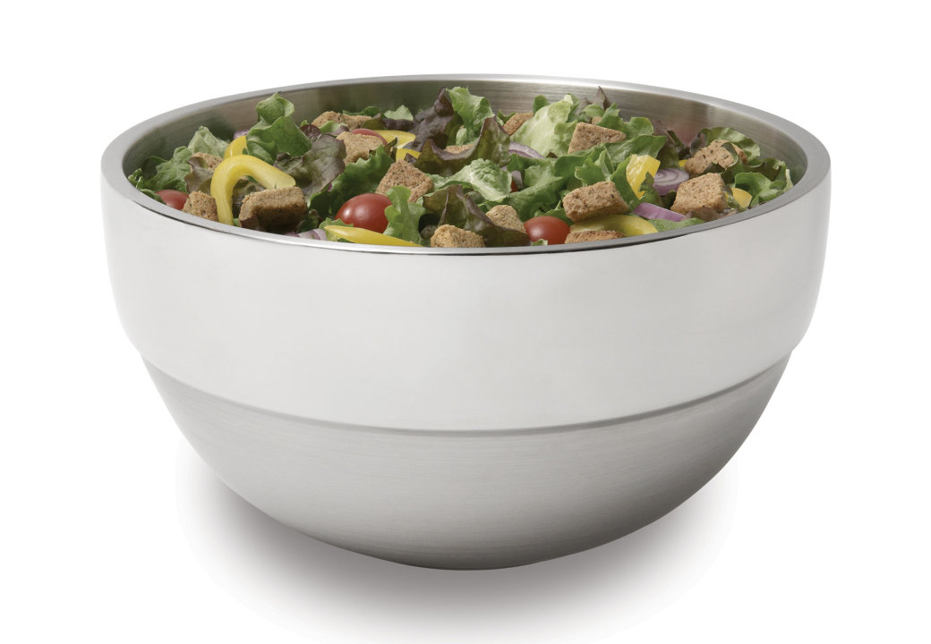 10 1/10-quart round double-wall stainless steel serving bowl in satin finish with contrasting mirror-finish rings