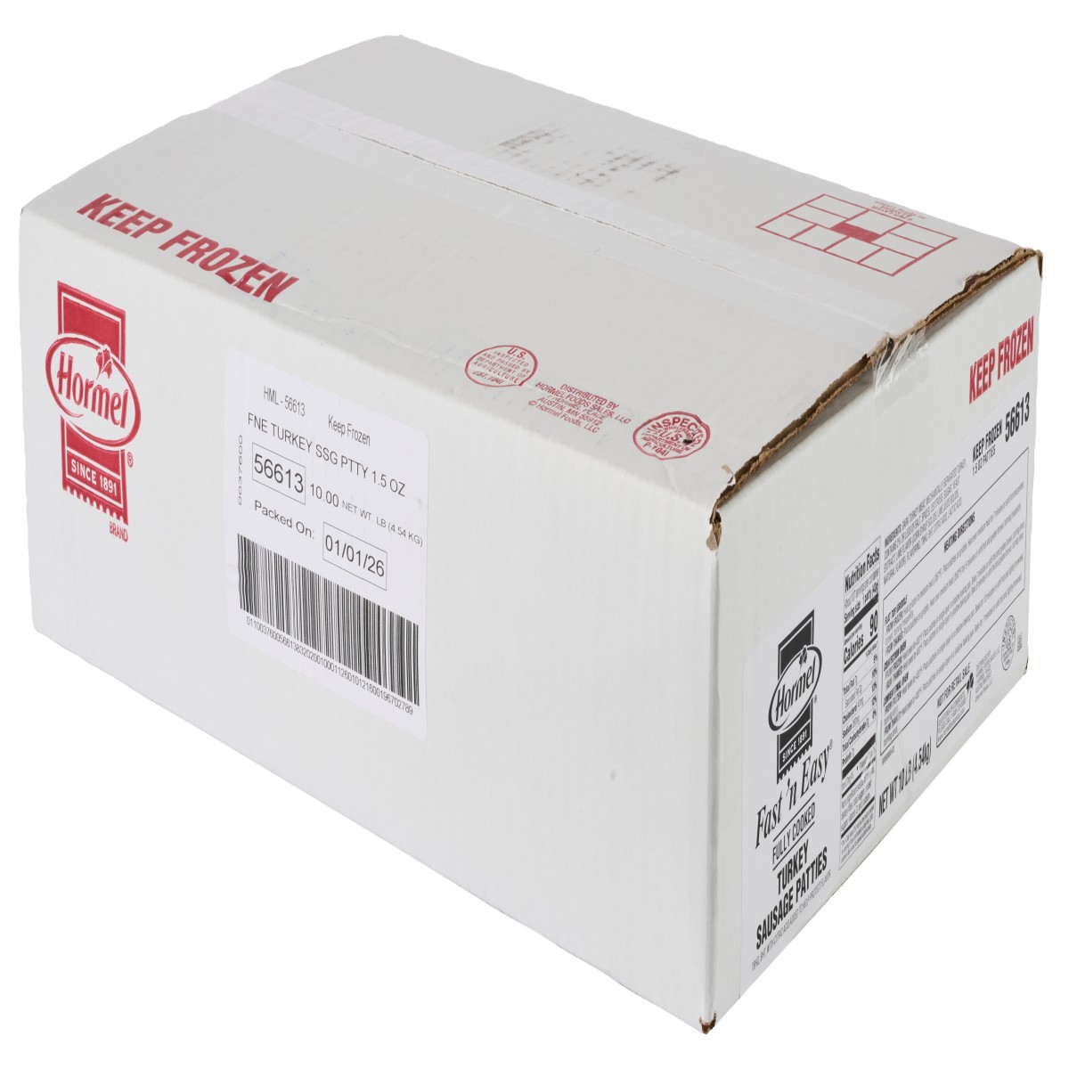 FAST N' EASY(r) Turkey Sausage, Patty, Cooked, 107/1.5 oz, 10 lb . C1RA - Front Right Closed Case (Hi Res)