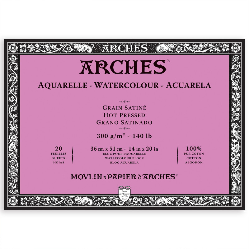 Arches Aquarelle Watercolor Paper Block, Hot Press, Natural White, 140lb/300gsm, 20 Sheet, 14x20 inch, 1 Count