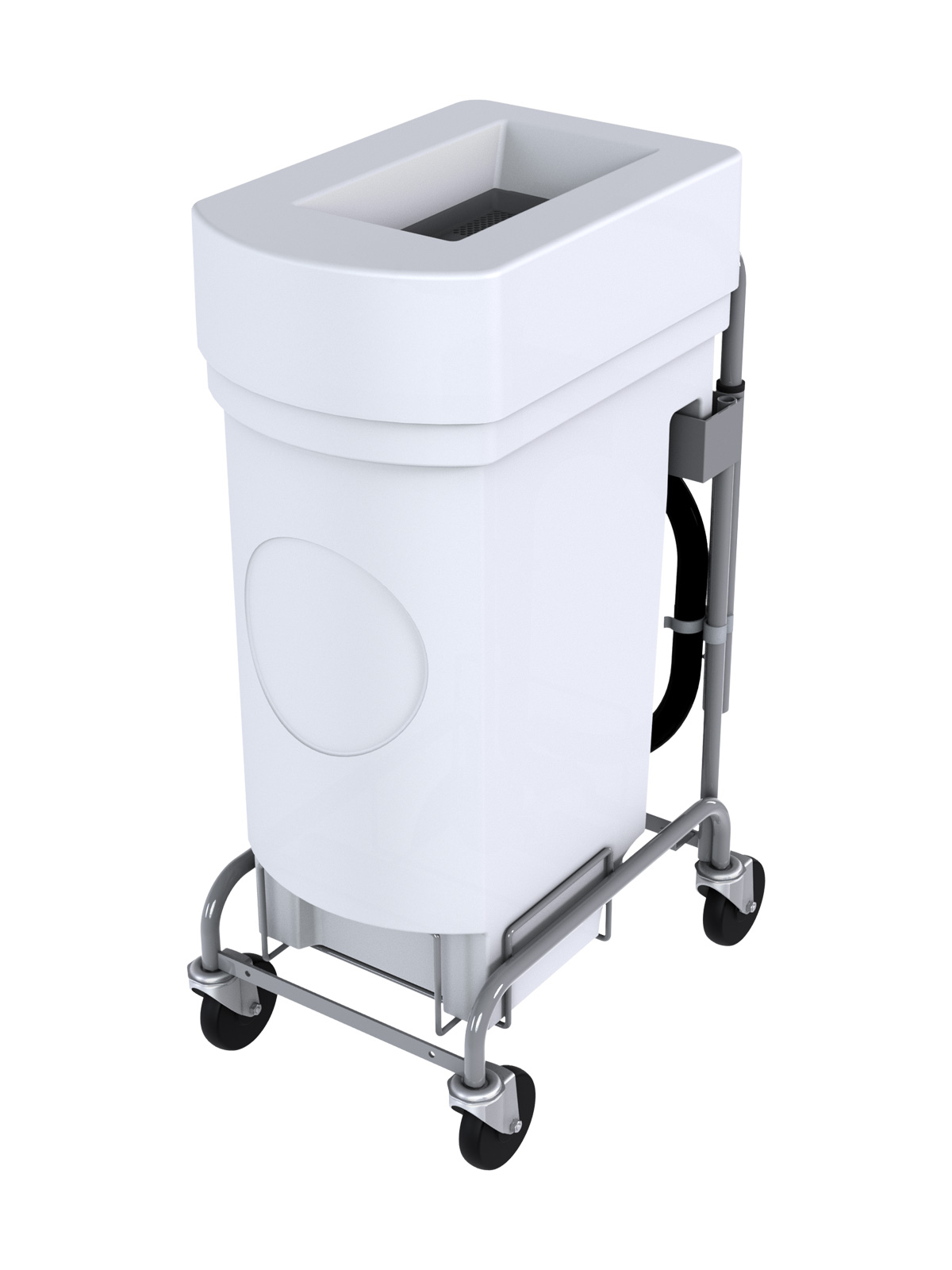 liquid collection bin on a dolly with drain hose and valve