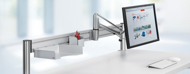 Toolbars are a great way to lift accessories and monitor arms off the desk surface to maximize space and stay organized.