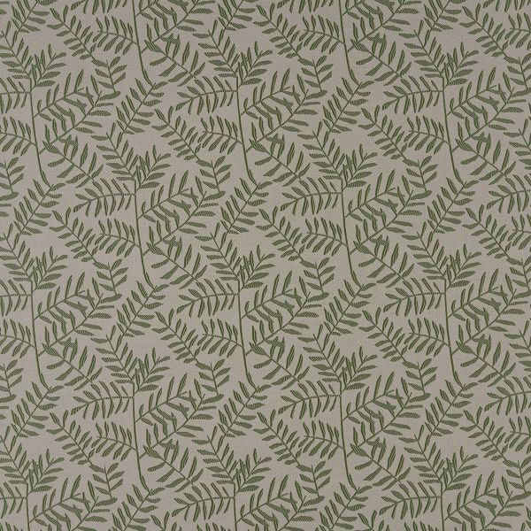Beige textured wallpaper decorated with repeating olive-green fern-like branches, forming diagonal overlapping stems; close-up view under flat, even lighting as a decorative wallcovering sample.
