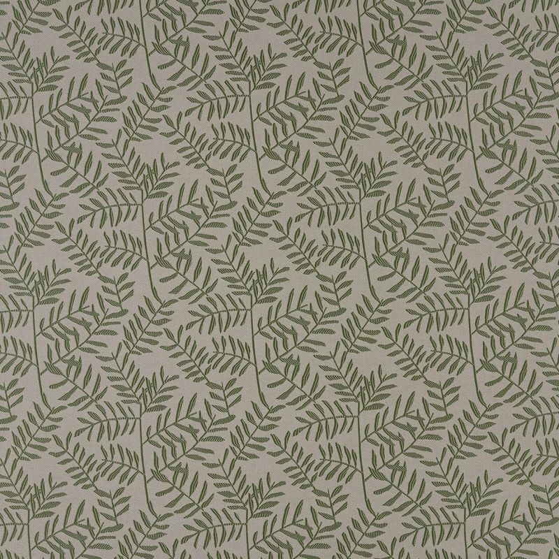 Beige textured wallpaper decorated with repeating olive-green fern-like branches, forming diagonal overlapping stems; close-up view under flat, even lighting as a decorative wallcovering sample.