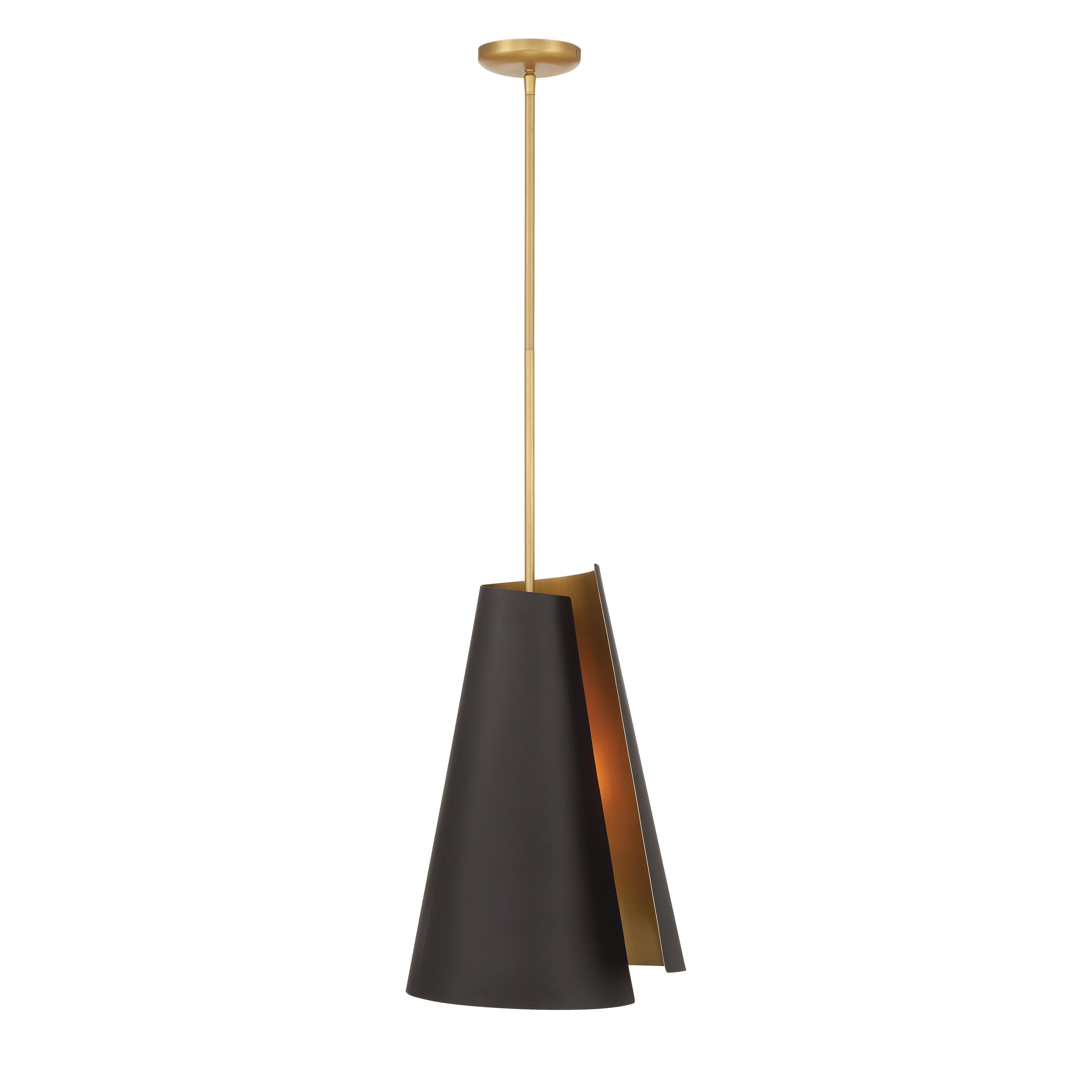 The Hillcrest pendant combines dark bronze and legacy brass finishes in a compact 13.5" design. Its transitional style bridges traditional warmth with industrial edge, making it versatile for various spaces. - alternate view