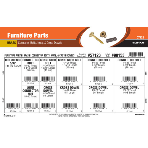 Brass Furniture Parts Assortment (Connector Bolts, Nuts, & Cross Dowels)
