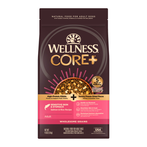 Wellness CORE+  Sensitive Skin & Stomach Salmon & Rice Recipe Front packaging