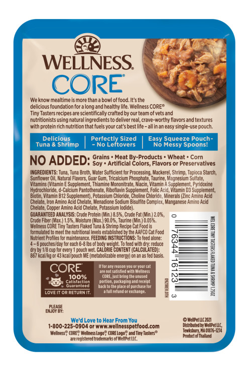 Wellness CORE Tiny Tasters Flaked Tuna & Shrimp back packaging
