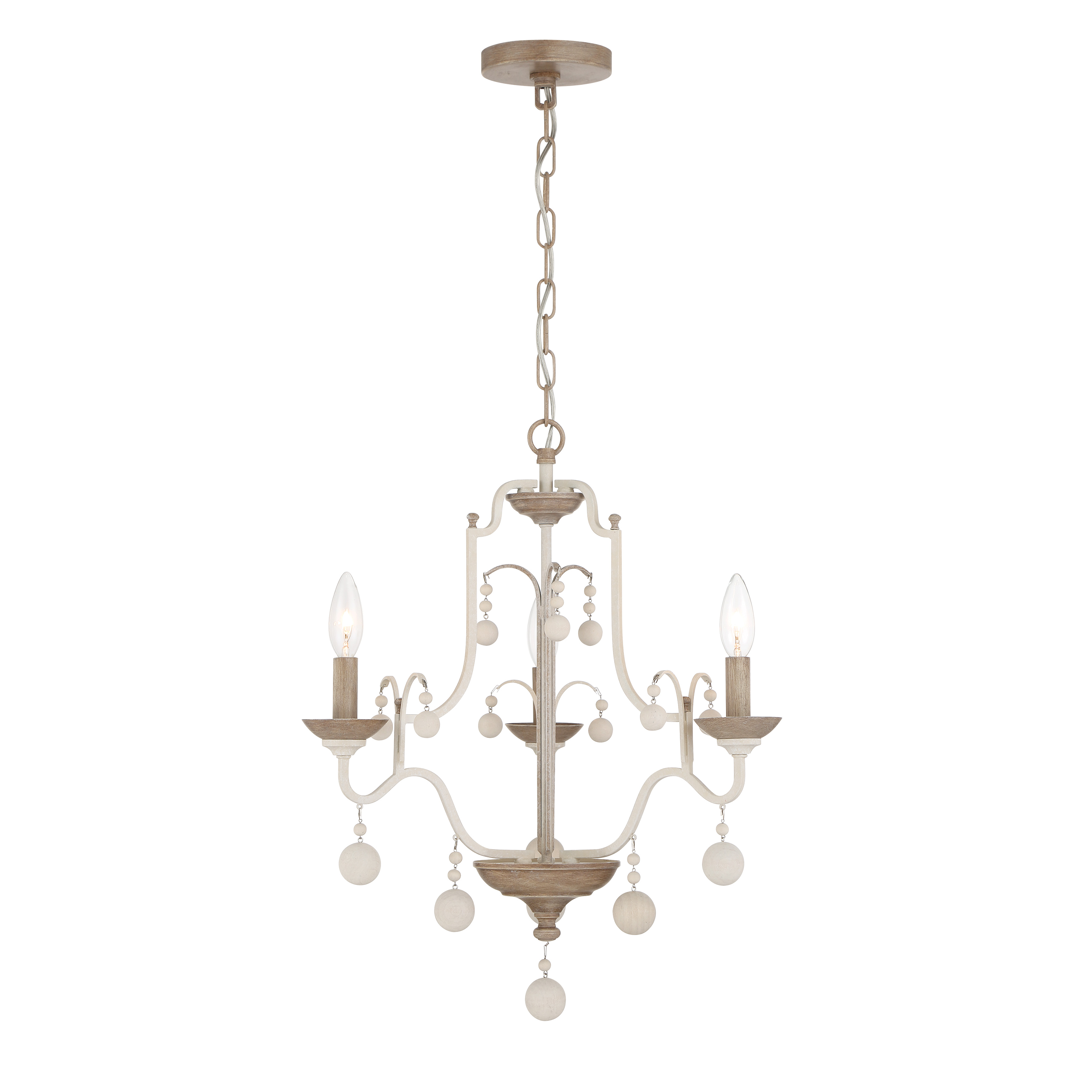 The Colonial Charm semi-flush mount blends whitewashed wood with sun-dried clay tones for a relaxed, coastal-farmhouse aesthetic. Its compact 18.75" width suits smaller spaces while three candelabra bulbs provide ample illumination. - alternate view
