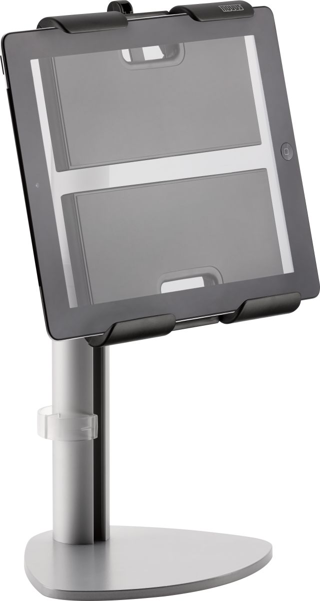 This fully adjustable tablet holder adjusts for height, angle, and viewing mode to eliminate neck and eye strain.