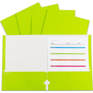 2-Pocket Laminated Paper Portfolios with 3-Hole Punch, Lime Green, Box of 25