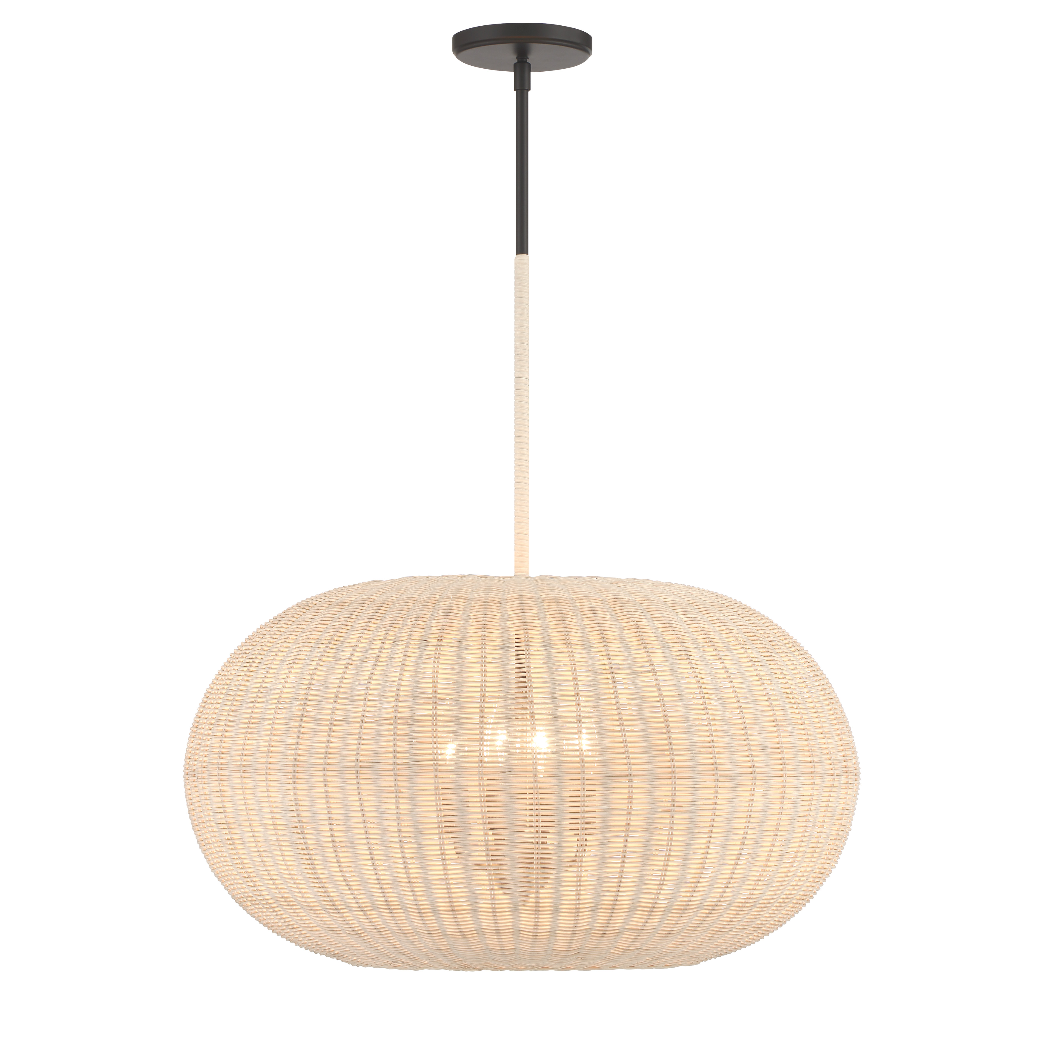 The Modjeska pendant blends natural rattan texture with sleek coal black metal for a striking organic modern aesthetic. At 24 inches wide, it provides substantial presence while maintaining an airy, approachable feel perfect for casual dining spaces. - alternate view