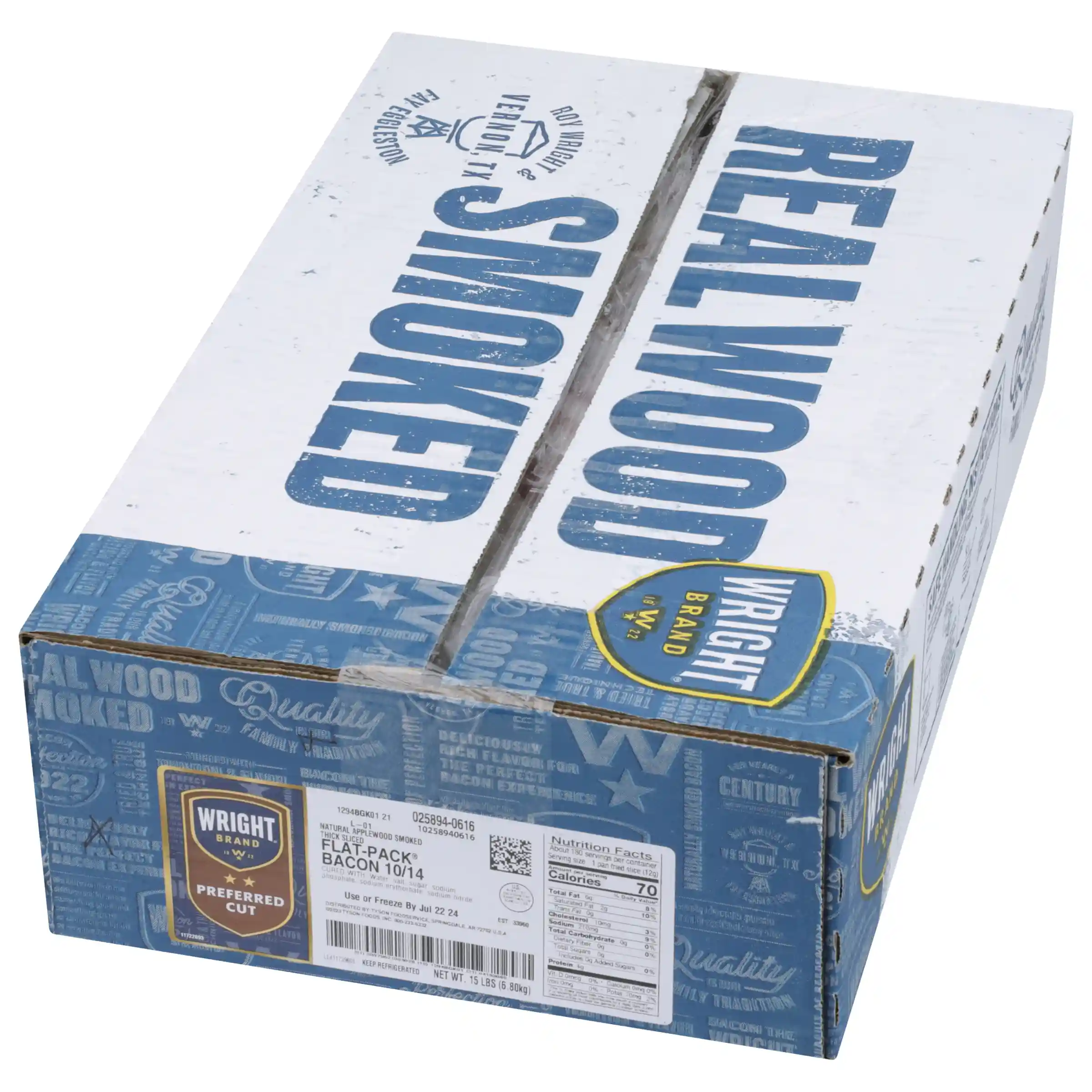 Wright® Brand Naturally Applewood Smoked Thick Sliced Flat-Pack® Bacon, 15 lbs, 10-14 Slices per Pound, Gas Flushed_image_5