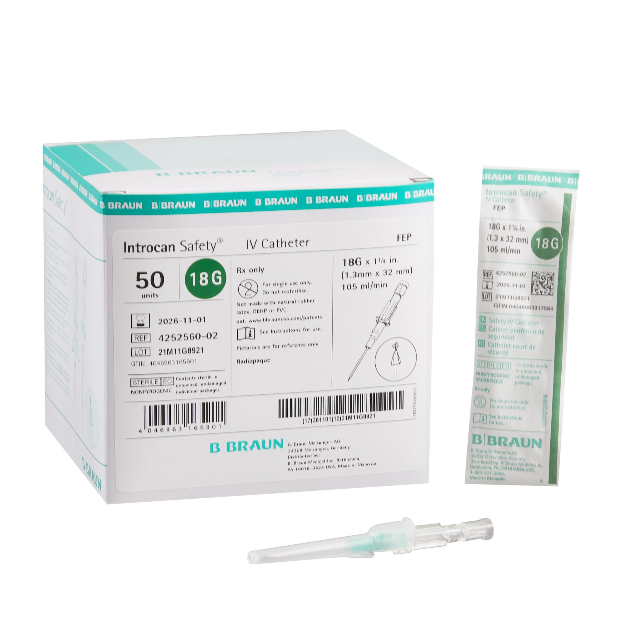 Introcan Safety Peripheral IV Catheter, 18 Gauge, Straight MK 629262