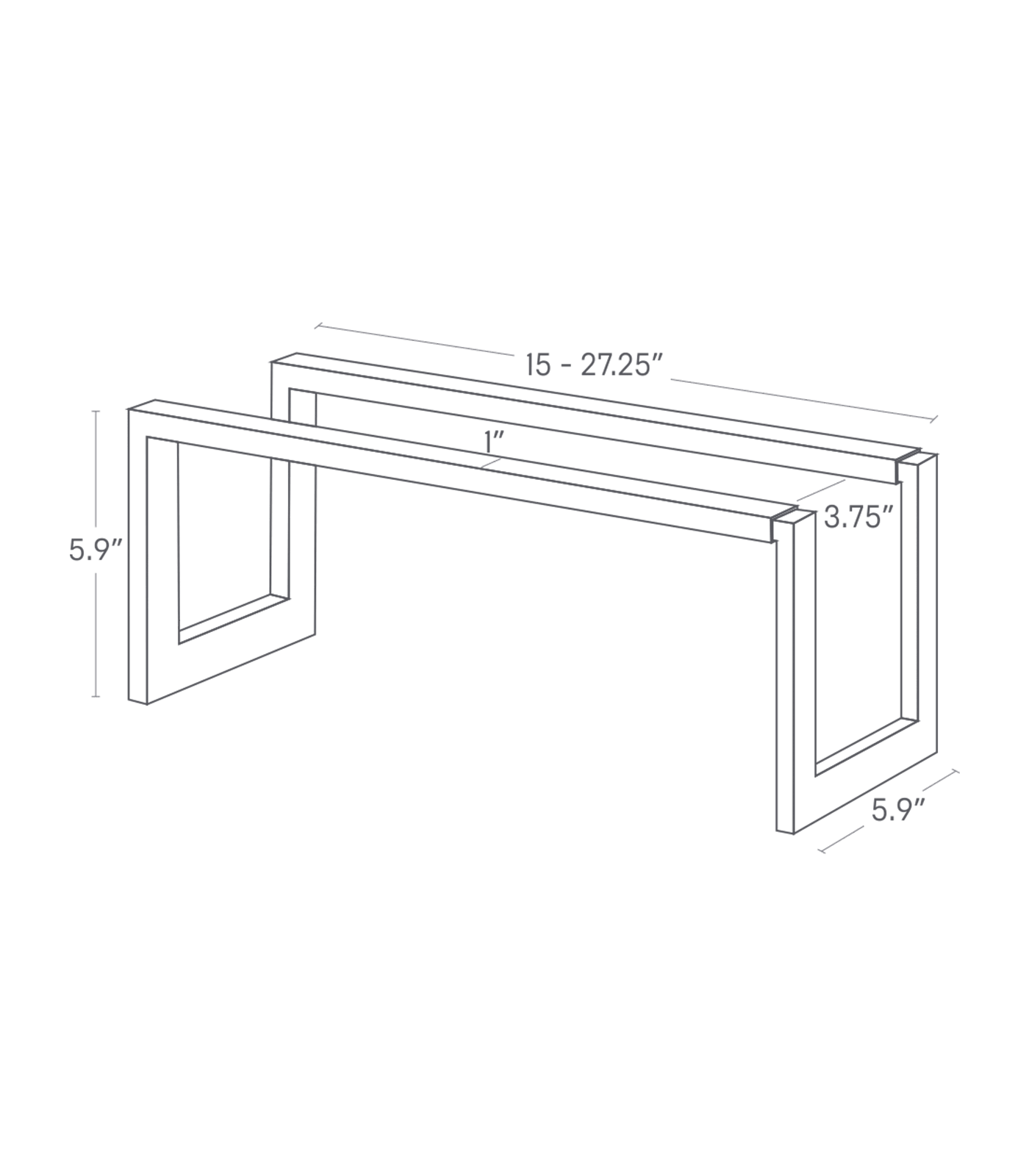 Dimension image for Expandable Shoe Rack showing height of 5.9 inches, length of 5.9 inches, width of 15-27.25 inches,1 inch wide of the shoe rack width and 3.75 inches between the front bar and the back bar