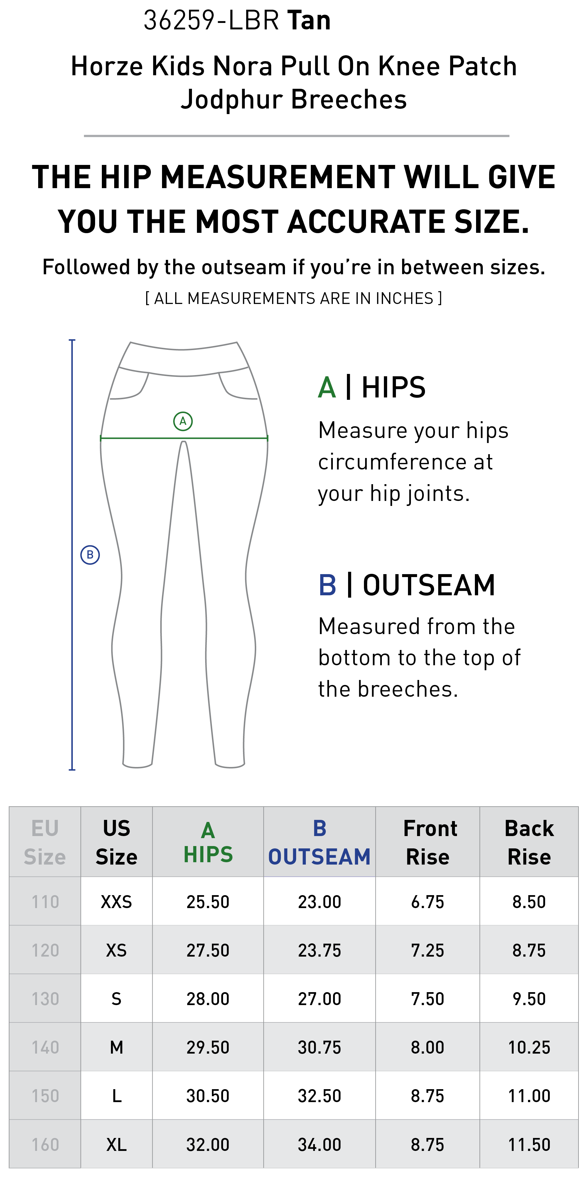 Size chart for Horze Kids Nora Pull On Knee Patch Jodhpur Breeches - Tan