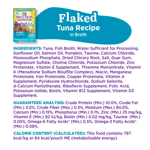 Tuna, Fish Broth, Water Sufficient for Processing, Sunflower Oil, Salmon Oil, Pumpkin, Taurine, Calcium Chloride, Monosodium Phosphate, Dried Chicory Root, Salt, Guar Gum, Magnesium Sulfate, Choline Chloride, Potassium Chloride, Zinc Proteinate, Vitamin E Supplement, Thiamine Mononitrate, Vitamin K (Menadione Sodium Bisulfite Complex), Niacin, Manganese Proteinate, Iron Proteinate, Copper Proteinate, Vitamin A Supplement, Pyridoxine Hydrochloride, Sodium Selenite, d-Calcium Pantothenate, Riboflavin Supplement, Folic Acid, Potassium Iodide, Biotin, Vitamin B12 Supplement, Vitamin D3 Supplement.