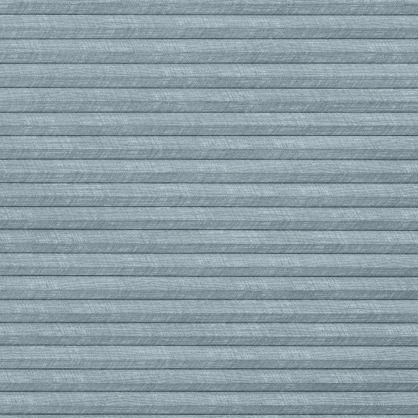 Horizontal pleated cellular blind, light-blue textured fabric with subtle cross-hatch pattern; fully closed, forming even horizontal folds; interior setting with soft, diffused light and no visible outside view.