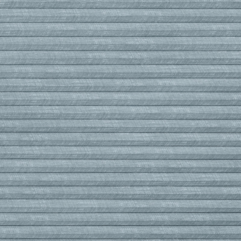 Horizontal pleated cellular blind, light-blue textured fabric with subtle cross-hatch pattern; fully closed, forming even horizontal folds; interior setting with soft, diffused light and no visible outside view.