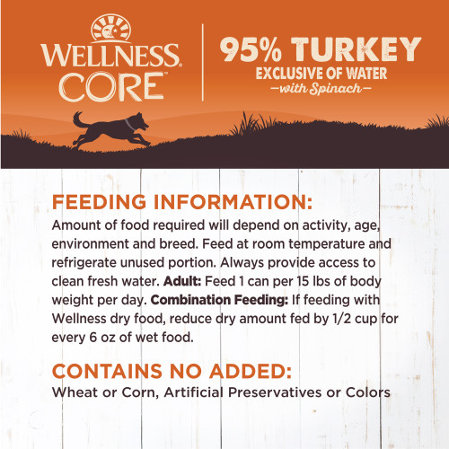 <p>Amount of food required will depend on activity, age, environment and breed. Feed at room temperature and refrigerate unused portion. Always provide access to clean fresh water.<br />
Adult: Feed 1 can per 15 lbs of body weight per day<br />
Combination Feeding: If feeding with Wellness dry food, reduce dry amount fed by 1/2 cup for every 6 oz of wet food.</p>
