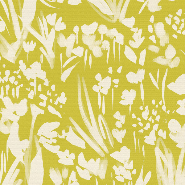 White floral silhouettes scatter and overlap, suggesting blossoms and leaves, painted with brushlike strokes against a textured chartreuse background, creating an abstract textile pattern.