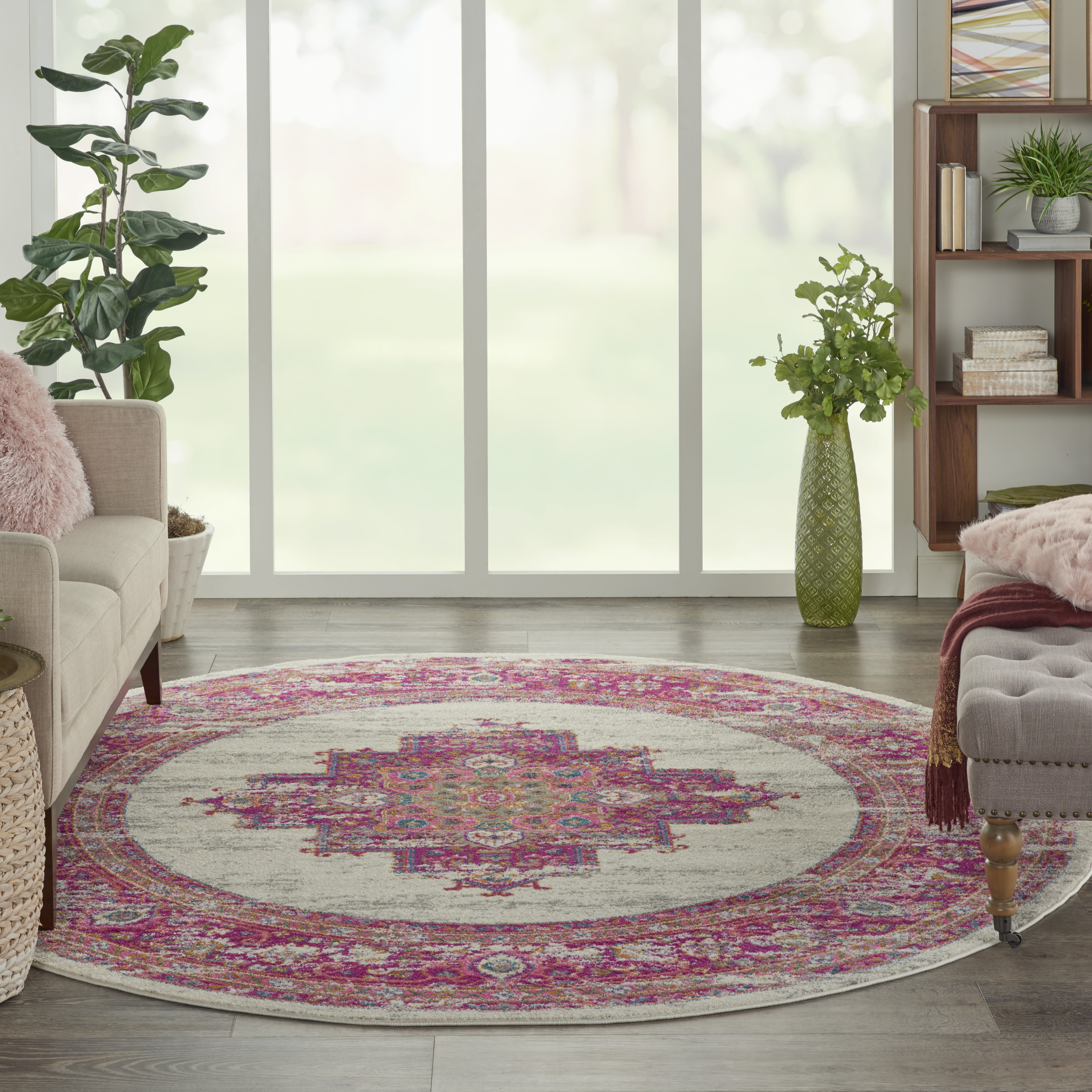 Nourison Passion 8' x Round Ivory/Fuchsia Bohemian Indoor Rug