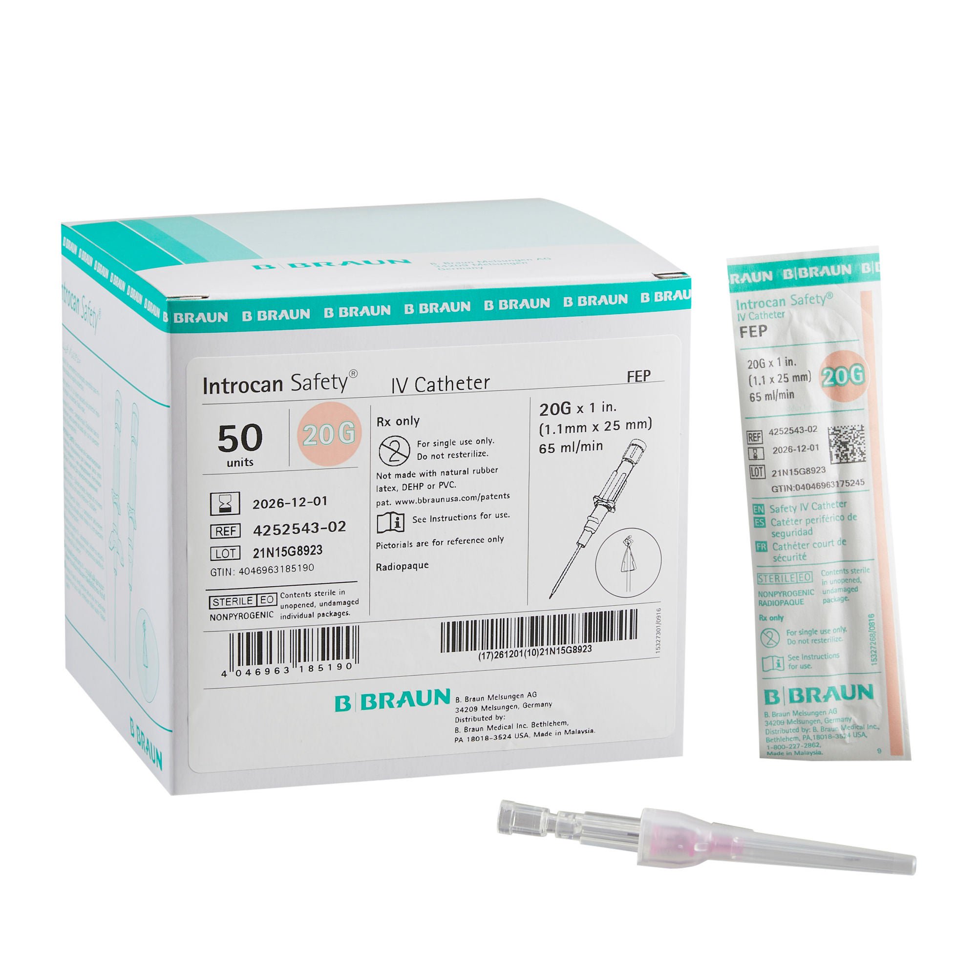 Introcan Safety® Peripheral IV Catheter, 20 Gauge, Straight