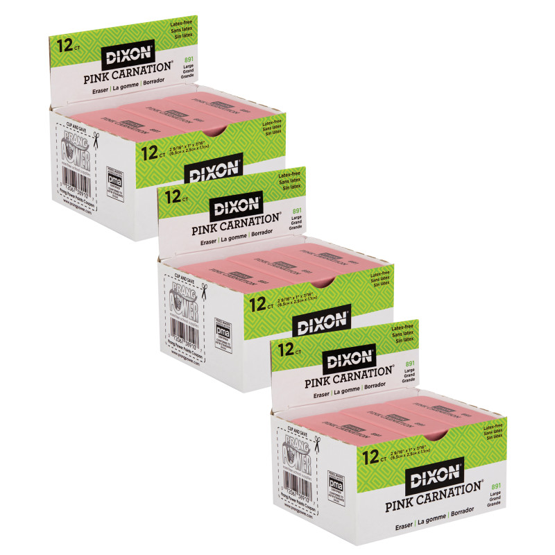 Pink Carnation Erasers, Large, 2-9/16 x 1 x 7/16, 12 Per Pack, 3 Packs