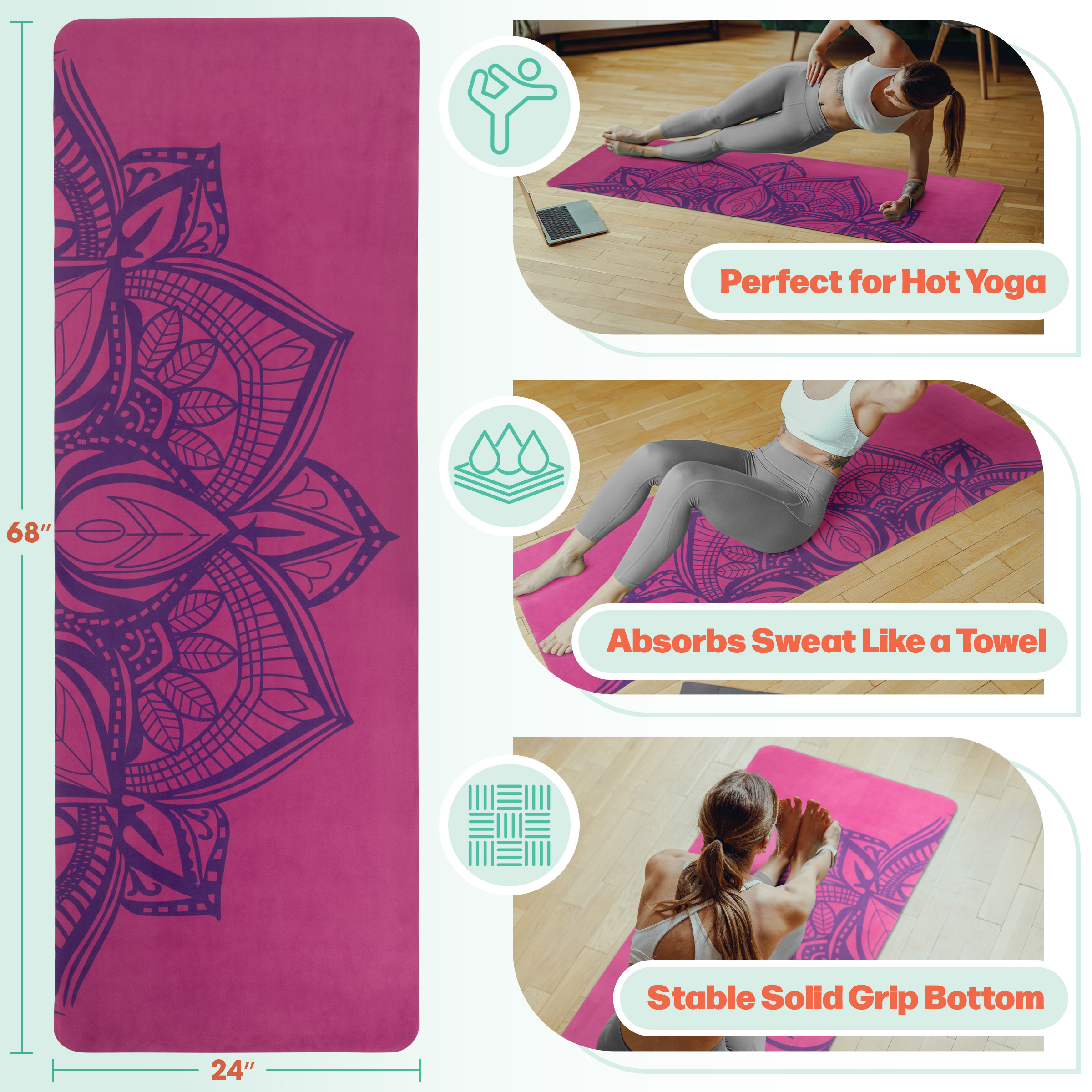 Eco-Friendly Non-Slip Yoga Mat with Carrying Strap - Ultra-Absorbent, Cushioned Fitness Floor Mat for Yoga, Pilates, and Home Workouts