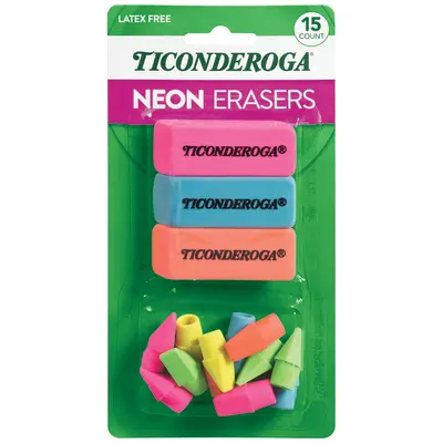 Ticonderoga Assorted Erasers, Neon Colors, 15 Count