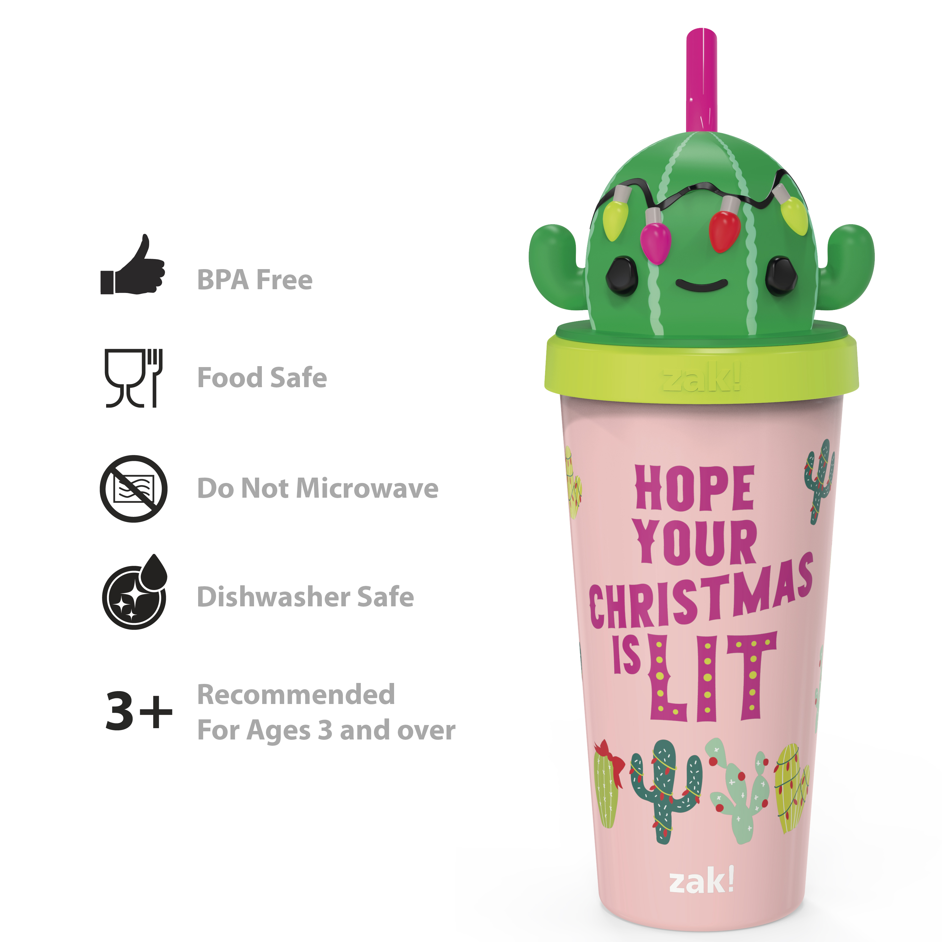Zak Holiday 18 ounce Reusable Plastic Tumbler with Straw, Cactus slideshow image 3 Zak Holiday 18 ounce Reusable Plastic Tumbler with Straw, Cactus slideshow image 3