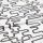 White woven fabric printed with charcoal, distressed looping-rectangle pattern, folded to show overlapping layers; studio close-up with even soft lighting and neutral background.