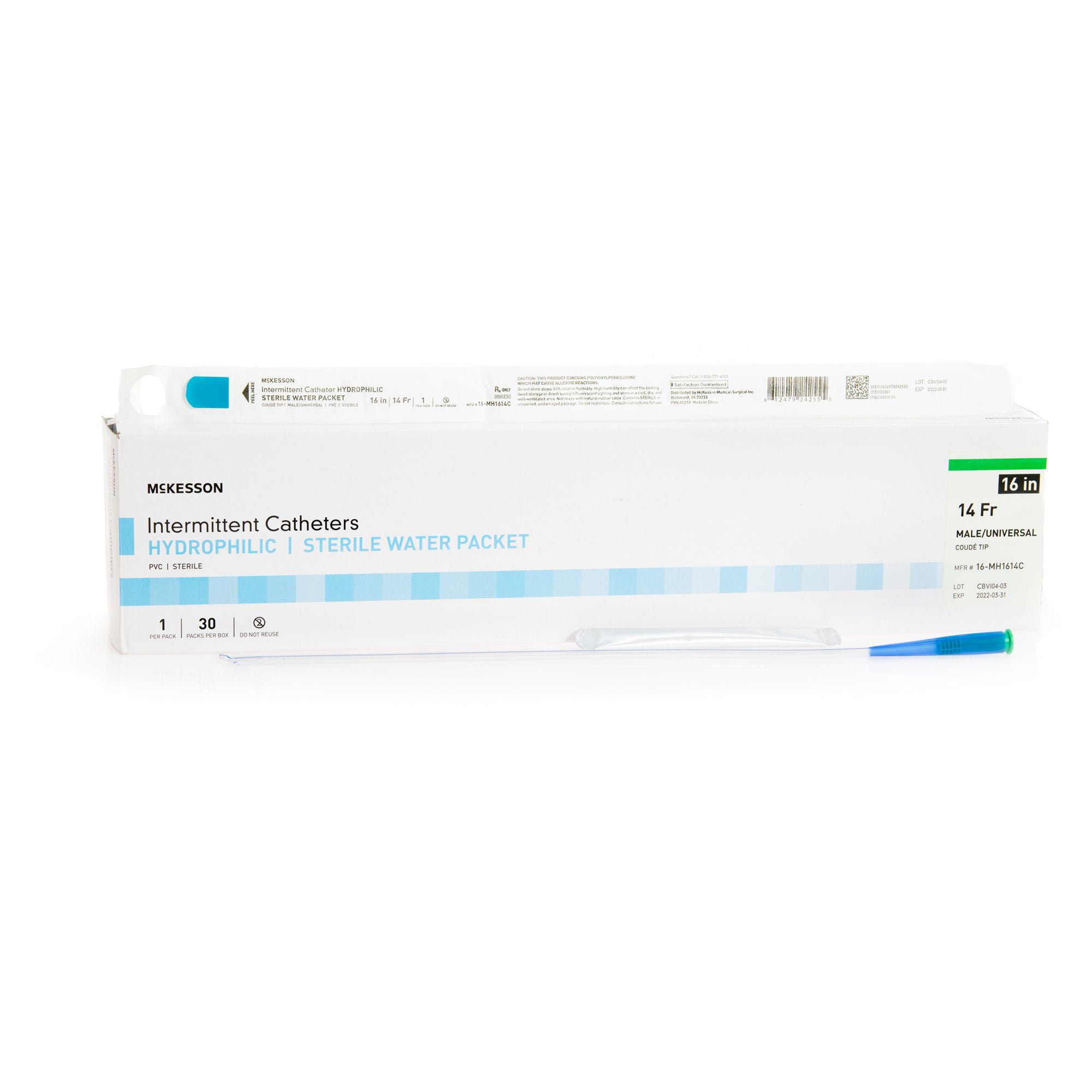 McKesson Brand CATHETER, URETH COUDE TIP HYDROPHILIC 14FRX16" (30/BX)
