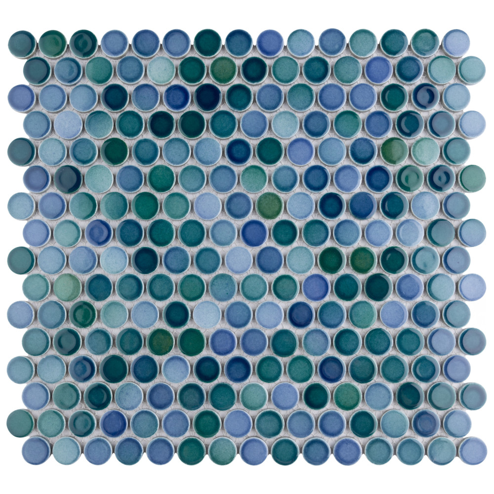 Hudson Penny Round Aquamarine 11-7/8 in. x 12-5/8 in. Porcelain Mosaic Tile