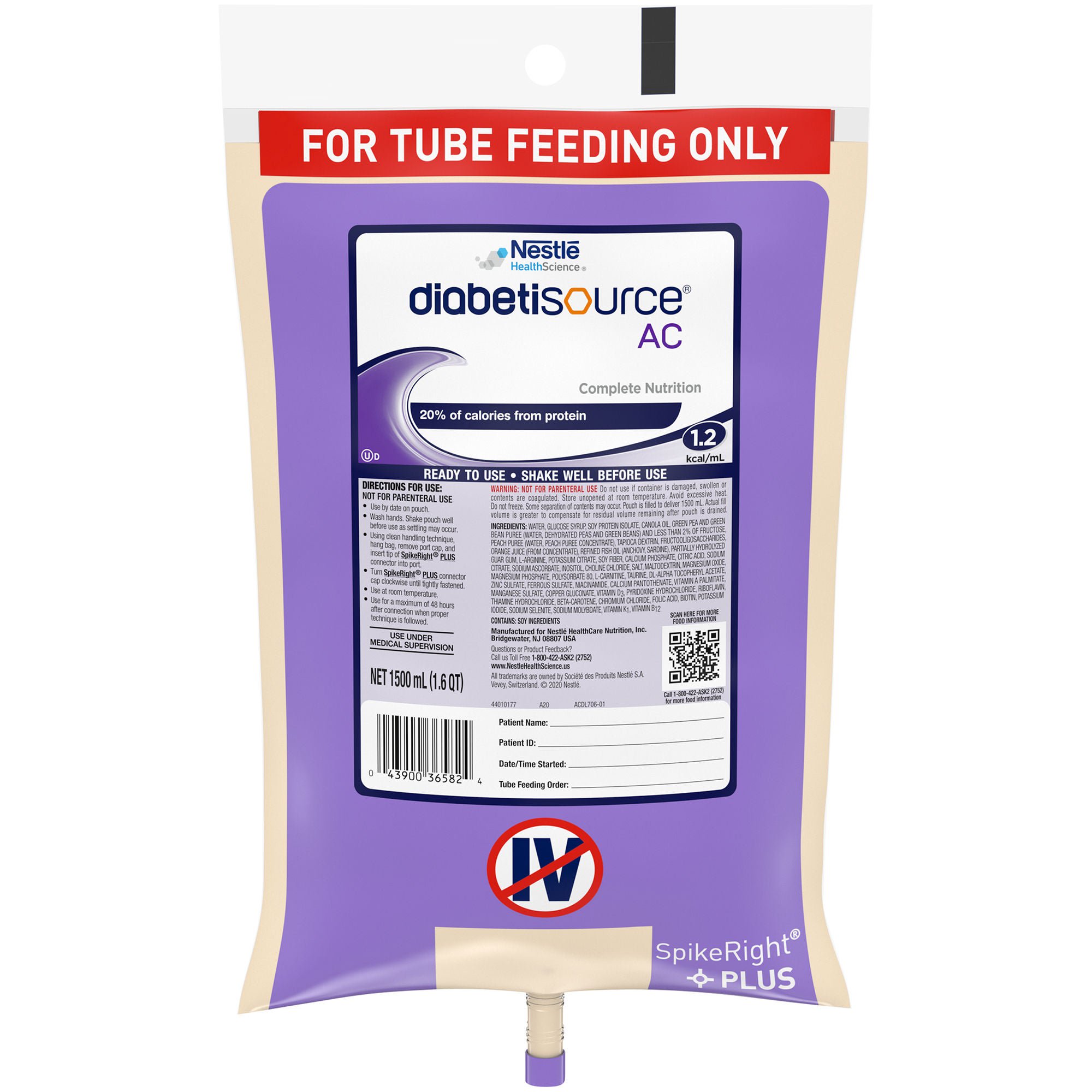 Diabetisource® AC Tube Feeding Formula, 1.5 L Ready to Hang Prefilled Container