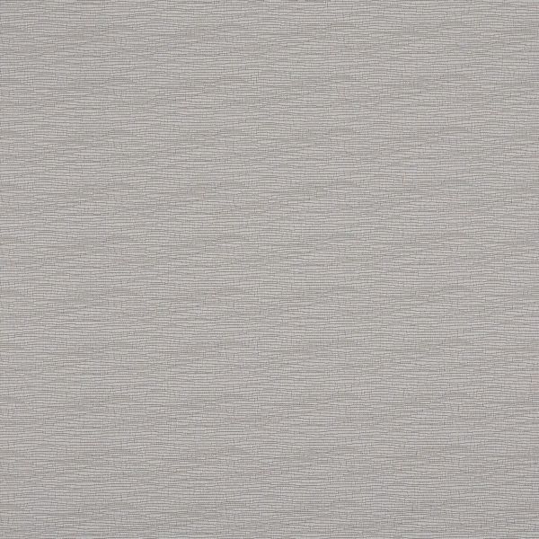 Gray woven-texture wallpaper with fine horizontal wavy lines, covering a wall and adding subtle ripple-like texture, in a softly lit interior with neutral, even lighting.