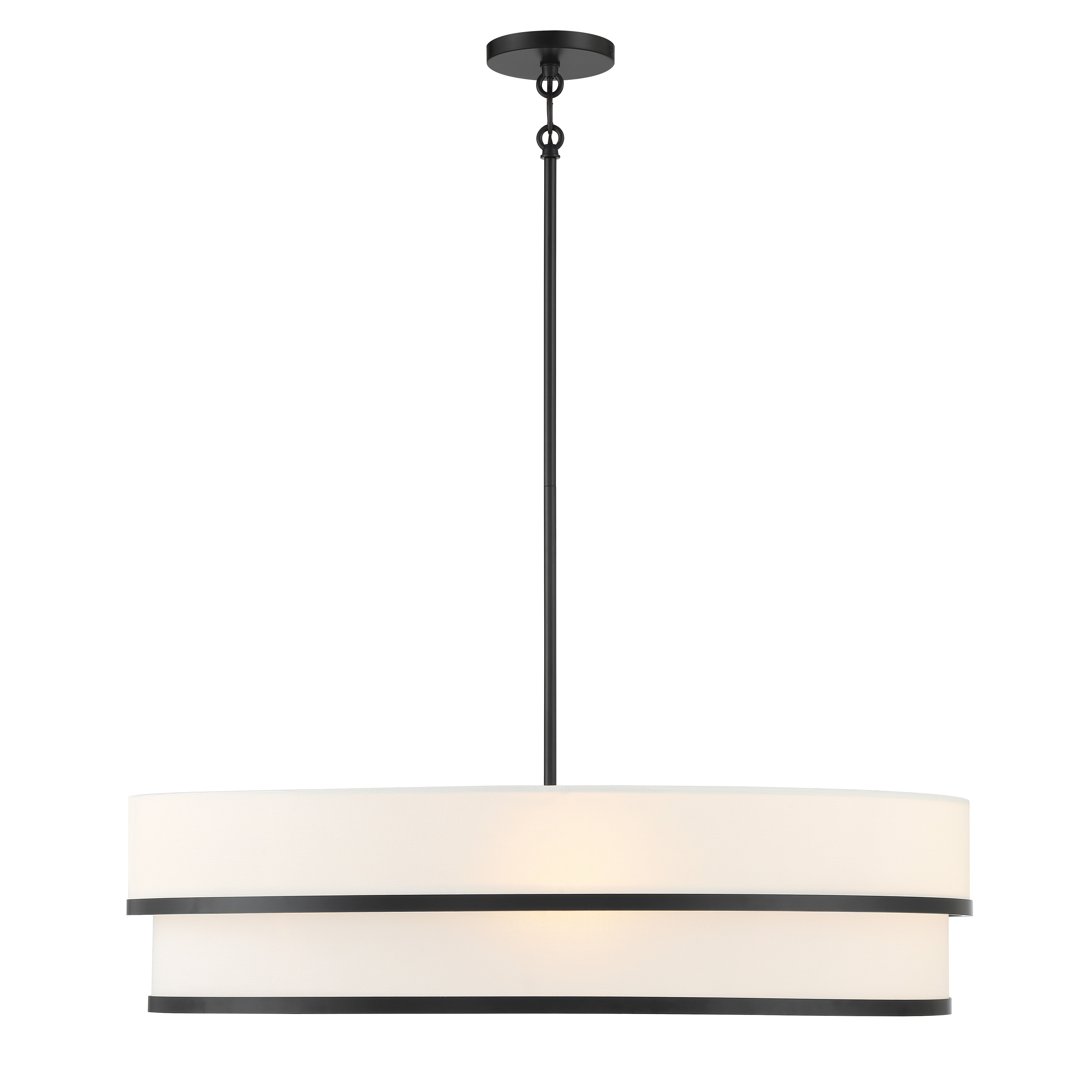 The Cascade 4-Light Pendant combines clean modern lines with warm linen shades, creating a sophisticated focal point. Its 32-inch linear design and coal black finish make it perfect for contemporary dining rooms and kitchen islands. - alternate view