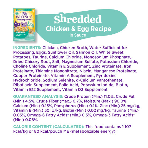 <p>Chicken, Chicken Broth, Water Sufficient for Processing, Eggs, Sunflower Oil, Salmon Oil, White Sweet Potatoes, Taurine, Calcium Chloride, Monosodium Phosphate, Dried Chicory Root, Salt, Magnesium Sulfate, Potassium Chloride, Choline Chloride, Vitamin E Supplement, Zinc Proteinate, Iron Proteinate, Thiamine Mononitrate, Niacin, Manganese Proteinate, Copper Proteinate, Vitamin A Supplement, Pyridoxine Hydrochloride, Sodium Selenite, d-Calcium Pantothenate, Riboflavin Supplement, Folic Acid, Potassium Iodide, Biotin, Vitamin B12 Supplement, Vitamin D3 Supplement.</p>
