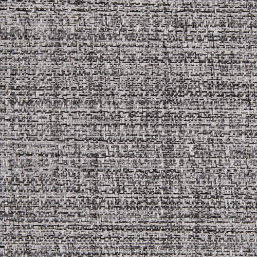 Gray coarse woven fabric showing interlaced light and dark threads; flat, tightly stretched surface, evenly lit, resembling upholstery or curtain material in neutral indoor lighting.
