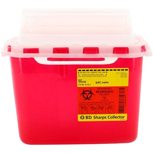Patient Room Sharps Collector, 5.4 Quart, Red w/Horizontal Entry, 10.75" x 12" x 4.5"