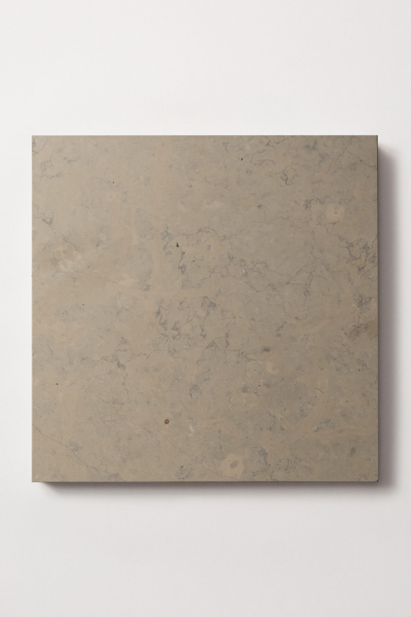 a square grey limestone tile on a white surface.