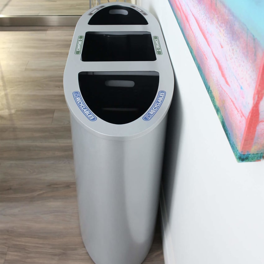 triple stream metal waste and recycling bin with hinged lid and durable plastic liners in a modern corporate office