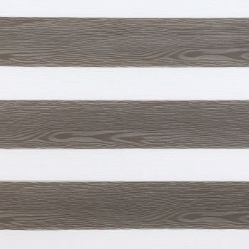 Zebra-style horizontal blinds with wide wood-grain opaque slats alternating with white sheer stripes, aligned across the frame, filtering light; close-up interior view with neutral lighting and textured pattern.
