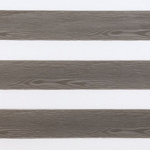 Zebra-style horizontal blinds with wide wood-grain opaque slats alternating with white sheer stripes, aligned across the frame, filtering light; close-up interior view with neutral lighting and textured pattern.
