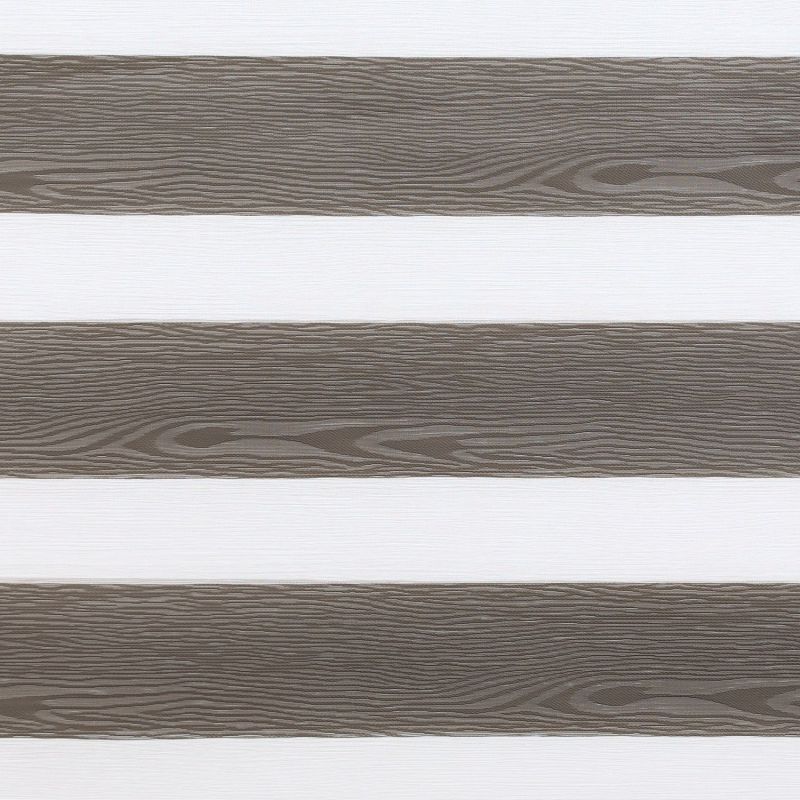 Zebra-style horizontal blinds with wide wood-grain opaque slats alternating with white sheer stripes, aligned across the frame, filtering light; close-up interior view with neutral lighting and textured pattern.
