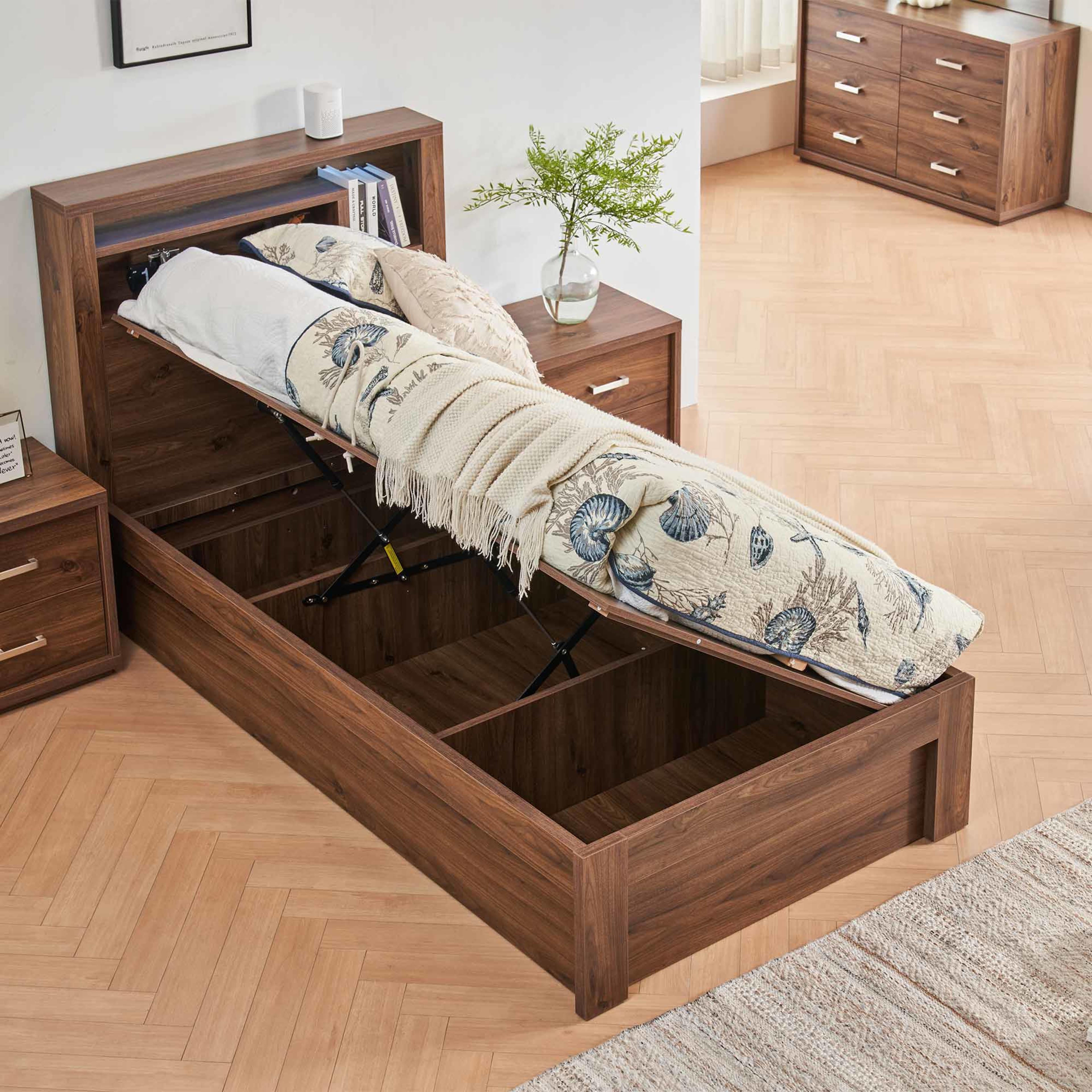Lifestyle image of the  Bellevue Bed Frame, Side Gas Lift Base, Rustic Walnut from Forty Winks