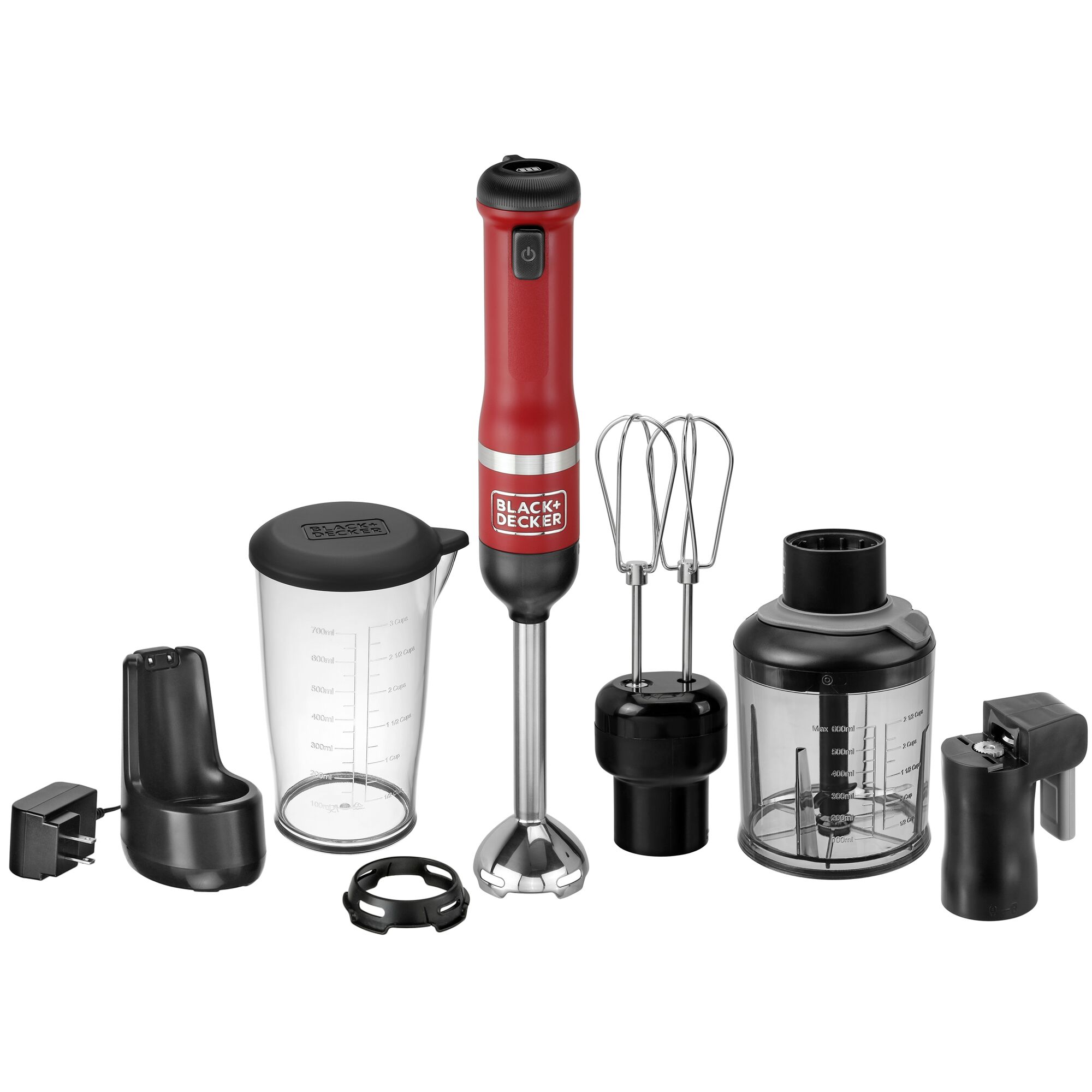 Front view of BLACK+DECKER kitchen wand 3in1 Cordless Kitchen multi-tool kit in red featuring immersion blender, hand mixer, can opener and food chopper atachments