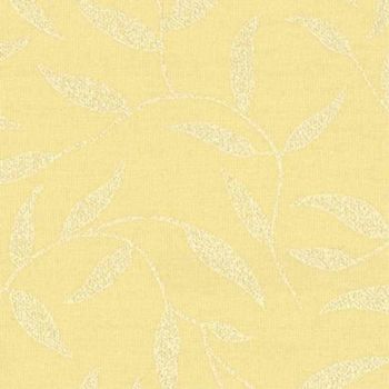 Yellow textured wallpaper with a subtle pale leaf-vine pattern covering the surface; pattern appears slightly raised and matte, forming a soft, decorative backdrop in an evenly lit interior.