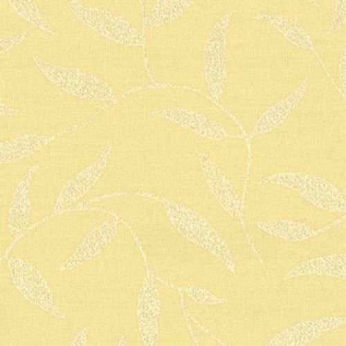 Yellow textured wallpaper with a subtle pale leaf-vine pattern covering the surface; pattern appears slightly raised and matte, forming a soft, decorative backdrop in an evenly lit interior.
