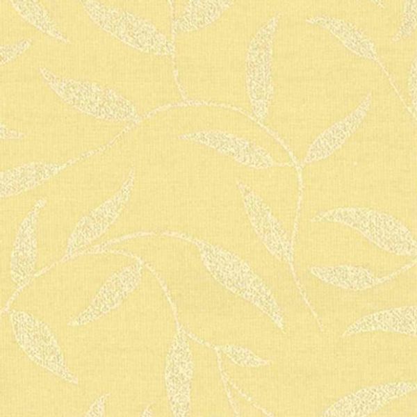 Yellow textured wallpaper with a subtle pale leaf-vine pattern covering the surface; pattern appears slightly raised and matte, forming a soft, decorative backdrop in an evenly lit interior.